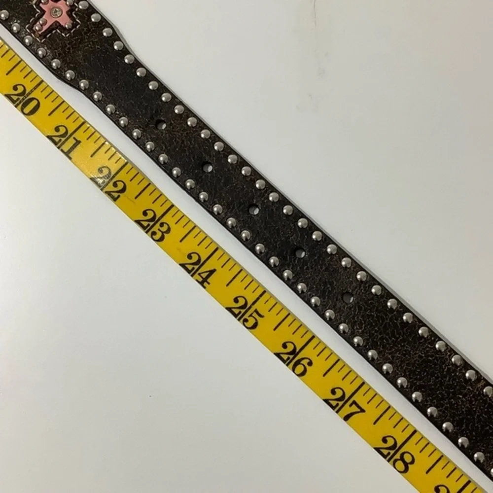 Nocona Pink Hearts Crosses studs Crystals Leather Western Belt Size 24 EUC